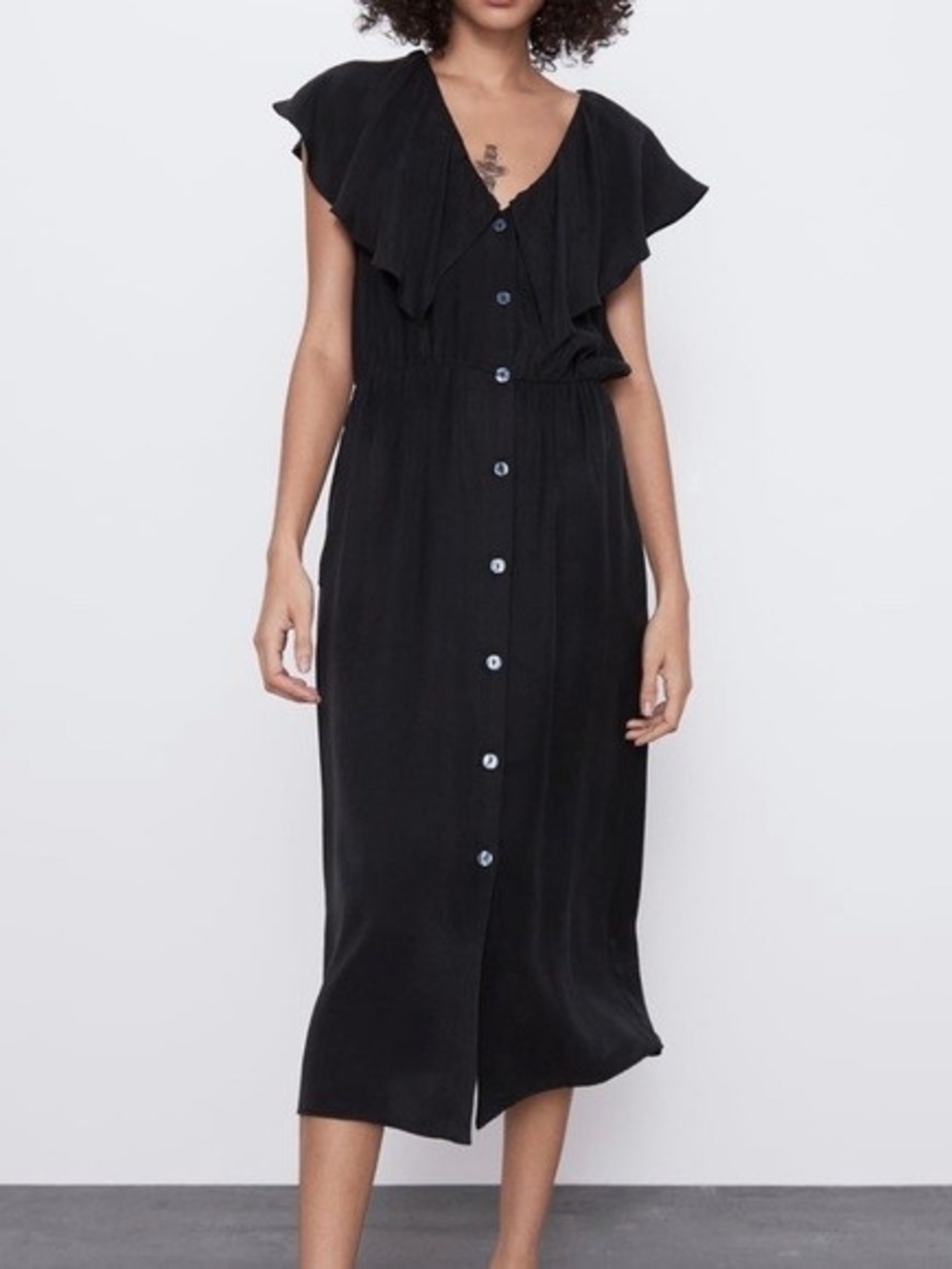 Zara Sleeveless Black Button-Front Midi Dress with Ruffle Top, Cinched Waist
